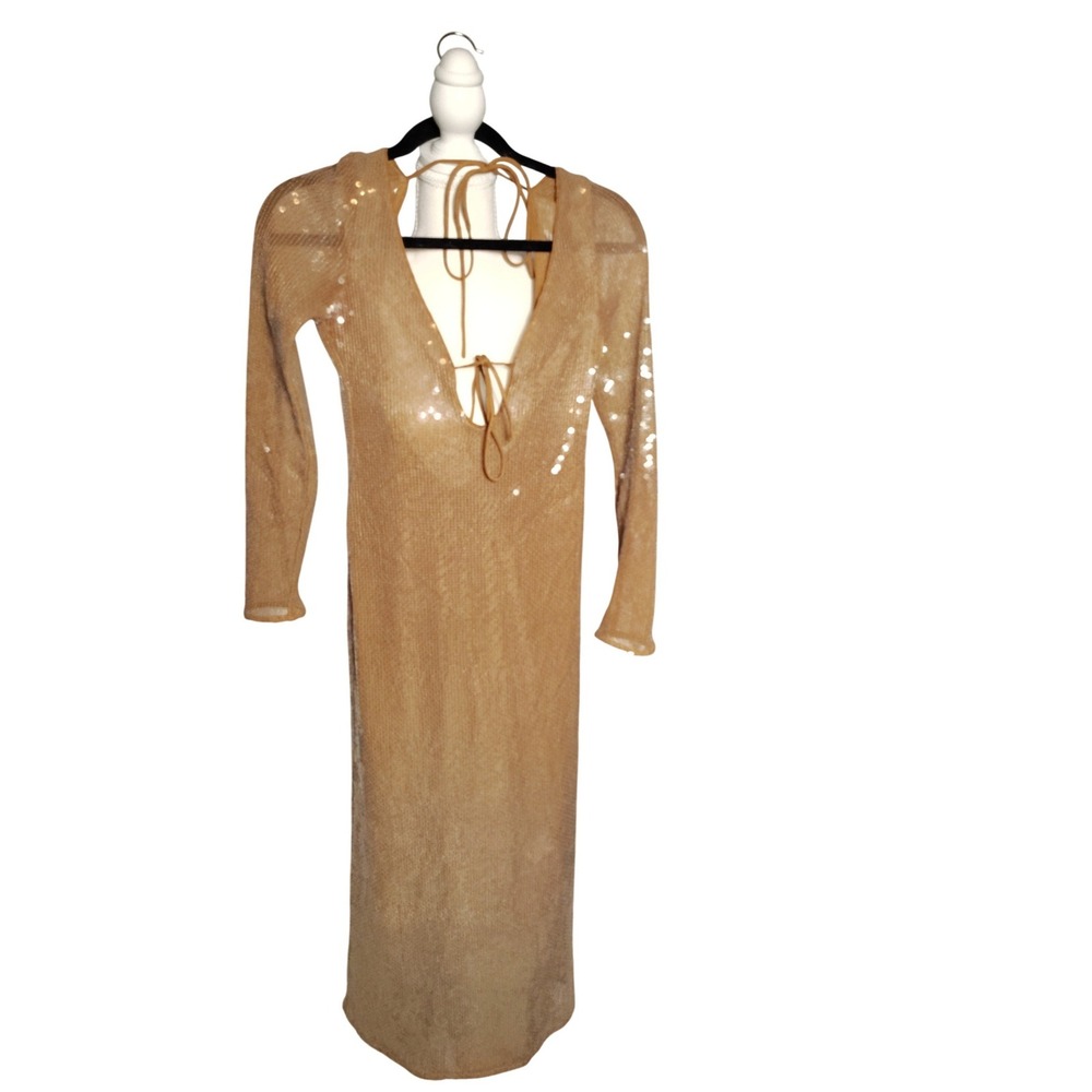 Bardot Sequin Open Back Midi Dress Tan Champagne Long Sleeve Tie Neck Size 6 - Picture 3 of 10